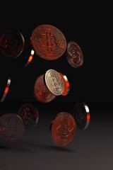 Bitcoin cayendo sobre fondo negro. Ilustración 3d. Economía moderna. Mercado de criptomonedas.