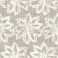 Seamless french taupe floral farmhouse linen printed fabric background. Light mottled grey cottage pattern. Shabby chic woven 2 tone cloth effect. Textile rustic organic ecru neutral all over print. 
