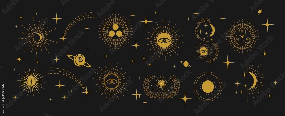 Esoteric doodle signs. Witchcraft design elements. Mystical moon, stars, eye, sun icons vector illustration. Spirituality, mysticism, magic, space, astrology linear icon set - obrazy, fototapety, plakaty 