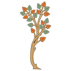 Stylized tree or branch with leaves. Medieval folk style. Isolated vector illustration.