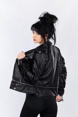 Poster - Fashion model from Bosnia and Herzegovina in a leather jacket posing against a white background