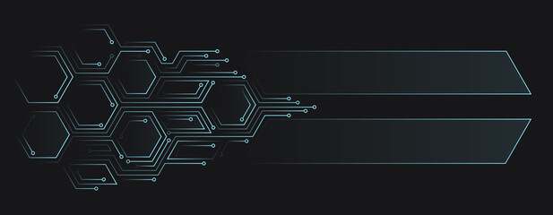 Vector abstract illustration. Chip concept, future, cyberpunk, computer elements. Lines, hexagonal shapes on a dark background. Design template for web, banners.