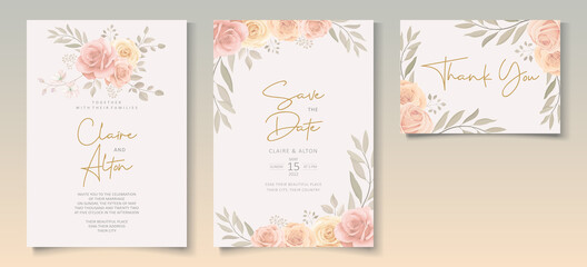 Wall Mural - Set of beautiful wedding invitation template with hand drawn roses flower ornament