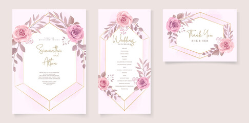 Poster - Set of beautiful wedding invitation template with hand drawn roses flower ornament