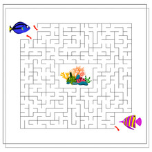 A Maze Game For Kids. Help Two Fish Swim To The Coral. Cartoon Fish Of Lilac Color With Yellow Stripes. Vector Isolated On A White Background