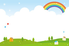 Rainbow And Little Town Background Illustration