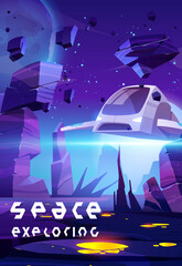 Wall Mural - space exploring poster with spaceship and alien planet surface. design template of explore galaxy, c