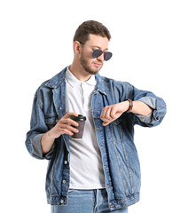 Sticker - Handsome man looking at wristwatch on white background