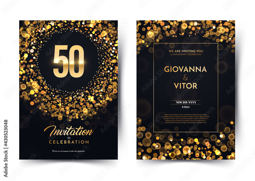 50th years birthday vector black paper luxury invitation double card. Fifty years wedding anniversary celebration brochure. Template of invitational for print dark background with bokeh lights - obrazy, fototapety, plakaty 