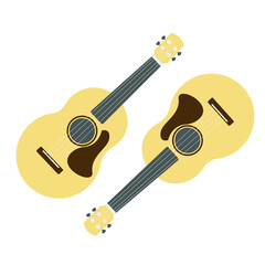 a set of two ukuleles. two small hawaiian guitars with four strings