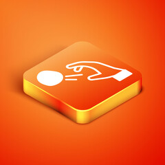 Sticker - Isometric Hooligan shooting small stones icon isolated on orange background. Demonstrator. Vector