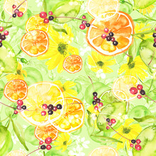 Watercolor Pattern - Flowers, Branch, Peach, Apricot, Leaves. Lemon Branch, Lime, Orange. Vintage Pattern. A Floral Pattern With Fruits, Twigs. Calendula Flower, Sunflower.Branch With Berries, Currant