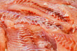 Seabass, hamour, grouper fish, sea bass fillet many sliced and piled in bulk in fish market.