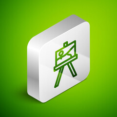 Sticker - Isometric line Wood easel or painting art boards icon isolated on green background. Silver square button. Vector