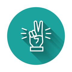 Poster - White line Hand showing two finger icon isolated with long shadow. Victory hand sign. Green circle button. Vector