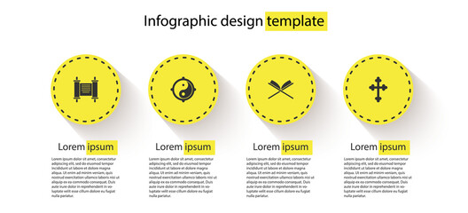 Wall Mural - Set Decree, paper, parchment, scroll, Yin Yang, Holy book of Koran and Christian cross. Business infographic template. Vector