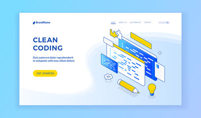 Wall Mural - Clean coding. Blue and white banner for web page offering to learn more about effective clean coding with graphic elements in design. Isometric web banner, landing page template