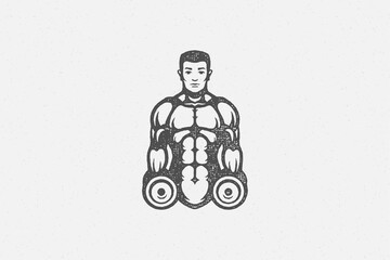 Wall Mural - Muscular sportsman with dumbbells silhouette hand drawn stamp vector illustration.