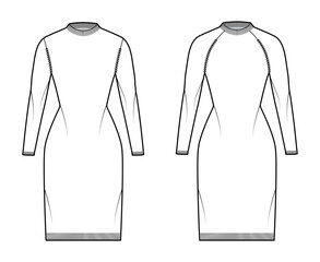 Wall Mural - Set of Rib dresses Fisherman Sweaters technical fashion illustration with crewneck, long raglan sleeves, fitted, knee length, trim. Flat apparel front, back, white grey color. Women, men CAD mockup