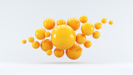 Illustration for advertising. Many spheres fall on a white background. 3d render illustration. Abstraction