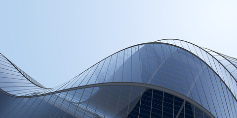 Poster - Low angle view of futuristic architecture, Skyscraper of office building with curve glass window, 3D rendering.