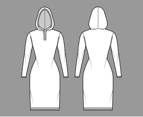 Wall Mural - Hooded dress Sweater technical fashion illustration with rib henley neck, long sleeves, slim fit, knee length, knit rib trim. Flat jumper apparel front, back, white color style. Women, men CAD mockup