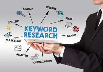 Wall Mural - keyword research. content, blog, brand and marketing concept. man holding a tablet computer
