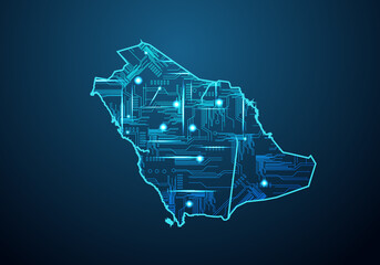 Abstract futuristic map of saudi Arabia. Circuit Board Design Electric of the region. Technology background. mash line and point scales on dark with map.