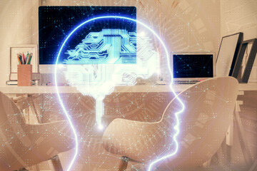 Double exposure of brain drawing and office interior background. Concept of data technology.