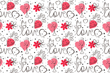 Doodle love seamless pattern. Sketch ink brush hand drawn grey contour line. Cute cartoon festive style. Pink heart, strawberry elements, text lettering. White editable background