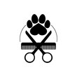 Dog grooming logo design template. Dog pawprint with comb and scissors. Vector clipart and drawing. Isolated illustration on white background.