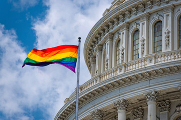 Rainbow flag waving on Washington DC Capitol