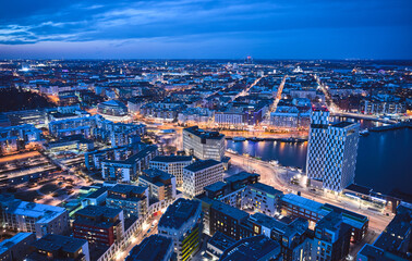 Aerial view of the modern neighborhood Jatkasaari of Helsinki, Finland. Modern Nordic architecture.