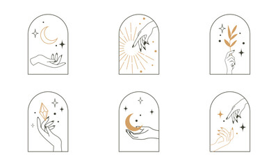 hand logo design collection with crescent moon, leaf, and crystal element. flat vector minimalism de