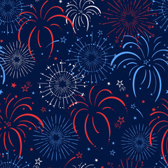 Fun hand drawn firework seamless pattern in red, blue white colors, party background, great for Independence day, fabrics, banners, wallpapers, wrapping - vector design