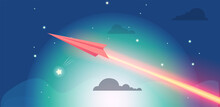 Flying Airplane With Luminous Air Route On Dark Background. Aircraft Flies And Leaves Bright Glowing Light. Paper Airplane Launch To Outer Space With Planets And Comets. Vector Design With Aircraft