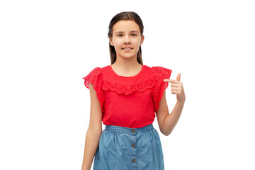 Sticker - childhood, fashion and people concept - happy smiling girl pointing finger to herself over white background