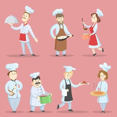 Sticker - Professional chefs cooking food vector illustrations set. Cartoon characters in hats and aprons making meals isolated on pink background. Culinary, cooking, kitchen, cafe, restaurant concept