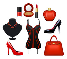 Woman Accessories Set In Red And Black Color. Bag, Lingery, Red And Black Shoes,Cosmetics,Pefume And Pearl Necklace.