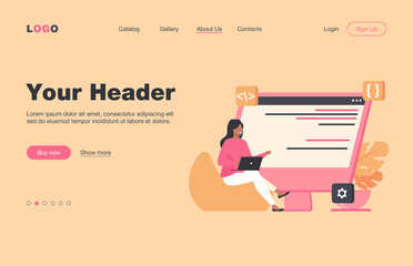 Wall Mural - young tiny girl sitting and coding via laptop. computer, programmer, code flat vector illustration. 