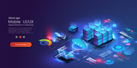 Wall Mural - Concept of big data processing center, future cloud database. Digital service or app with data transfering. Online computing technology. Servers and datacenter connection network. Isometric vector