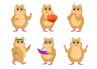 Cute hamster character vector illustrations set. Small cartoon animal standing, eating apple, reading book, doing sports isolated on white background. Animals, pets, mascot concept