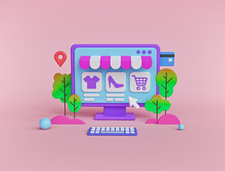 Wall Mural - online shopping concept with 3d elements. 3d rendering