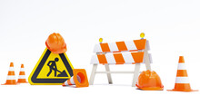 Under Construction Concept, Construction Site, Road Barrier With Sign And Cones. 3D Render