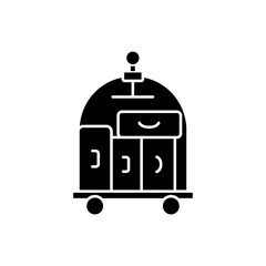 Sticker - Porter service black glyph icon. Carrying guest luggage to the guests room. Escorting guests to their room. Outlining hotel facilities. Silhouette symbol on white space. Vector isolated illustration