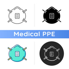 Sticker - N 95 mask icon. Respirator for breathing. Contagious infection prevention. Protective wear from virus spread. Disposable PPE. Linear black and RGB color styles. Isolated vector illustrations