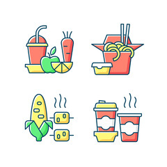 Poster - Takeaway and delivery option RGB color icons set. Fresh juice. Chinese food. Boiled, grilled corn. Coffee. Fruit, vegetable smoothies. Fried noodles. Barbecue, popcorn. Isolated vector illustrations