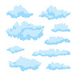Blue beautiful fluffy curly clouds on a white background. A set of cute clouds.