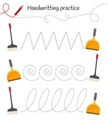 Poster - Handwriting practice sheet. Basic writing. Educational game for children. Help sweep up the trash.
