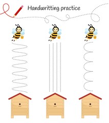 Poster - Handwriting practice sheet. Basic writing. Educational game for children. Help the bees to get to their homes.
